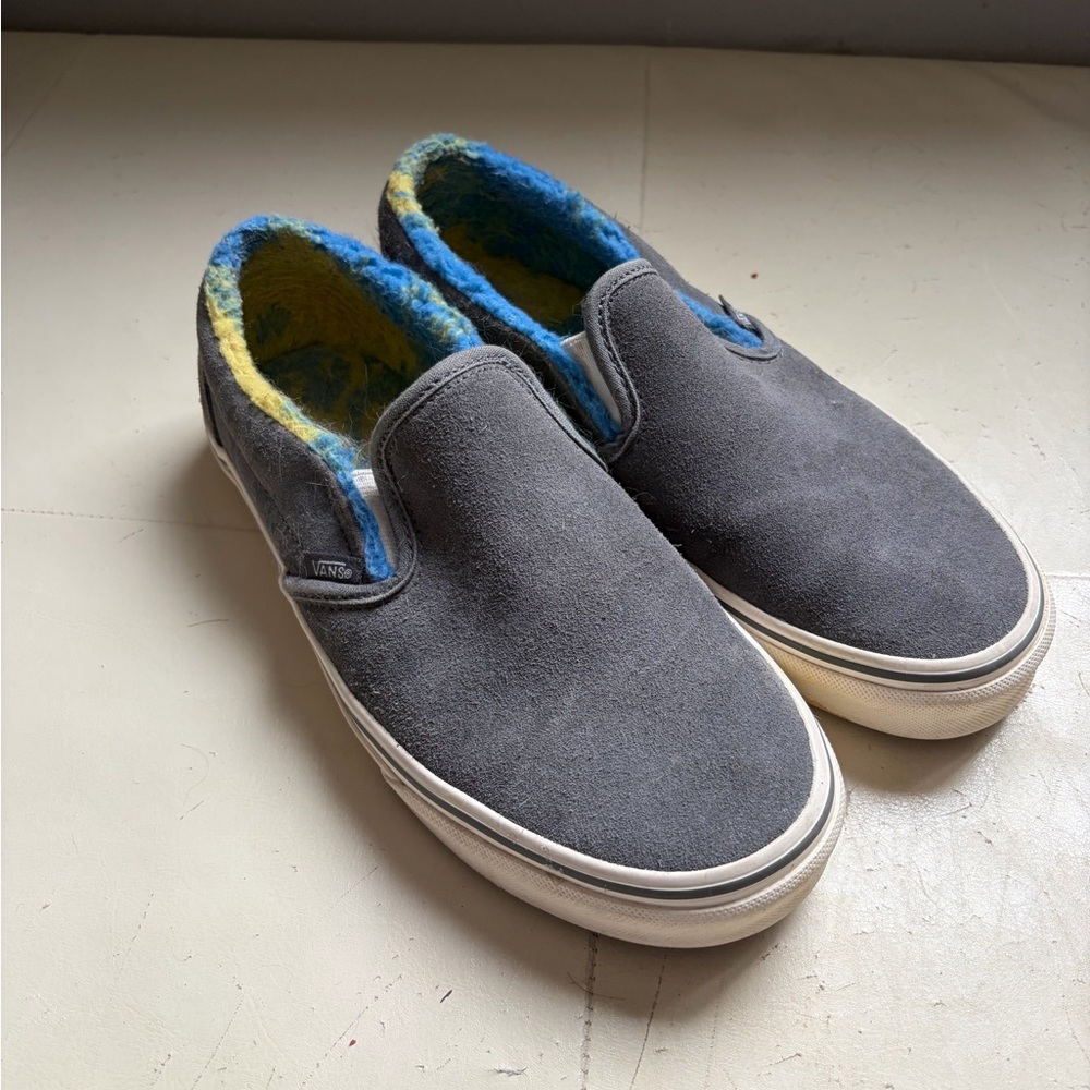 Vans Gray Slip-On Shoes with Blue and Yellow Lining